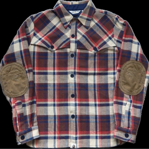 Bape Classics Plaid Ape Head Elbow Patch Flannel - Picture 1 of 4
